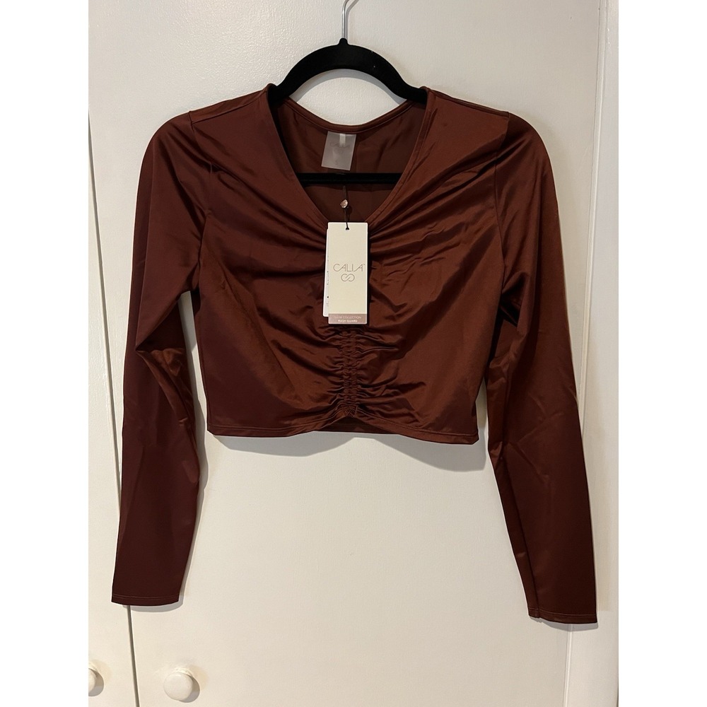 NWT Calia‎ Rash Guard Small Long Sleeve Ruched Top Red Brown Womens Swim Shirt